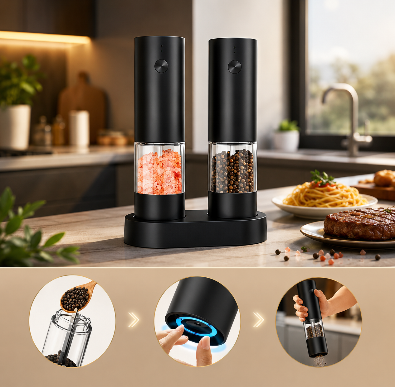 One-Touch Electric Salt & Pepper Grinder Set